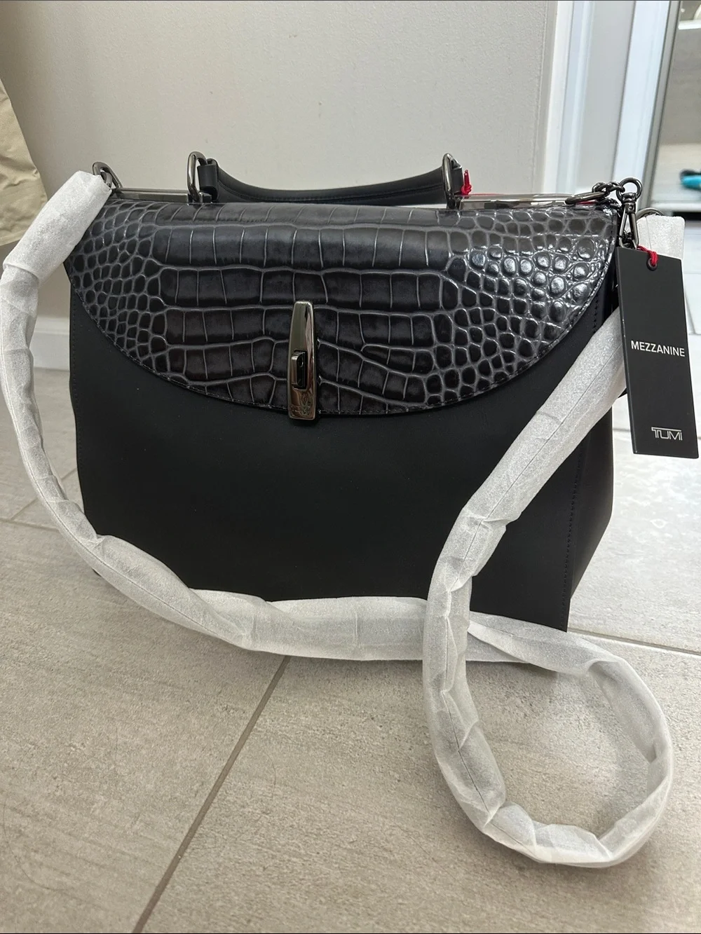 Tumi Mezzanine Black Croc-Embossed Top Handle Messenger